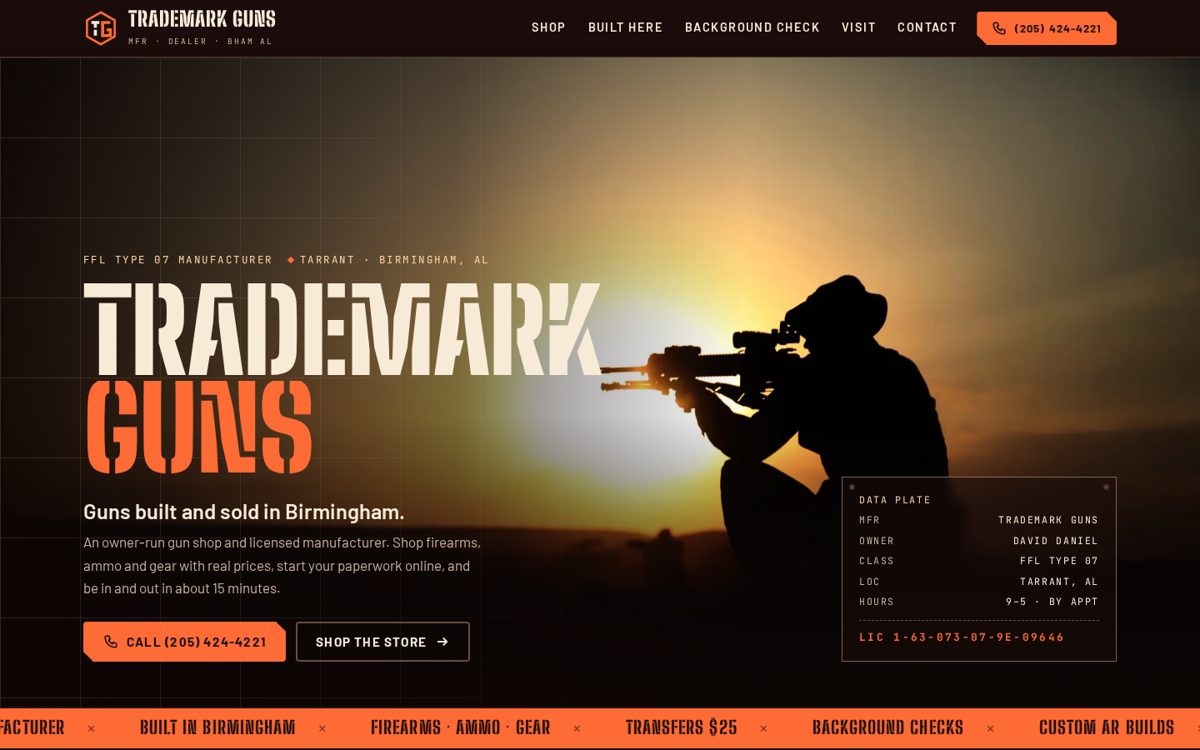 Homepage of trademarkguns.net: Trademark Guns, Birmingham, Alabama